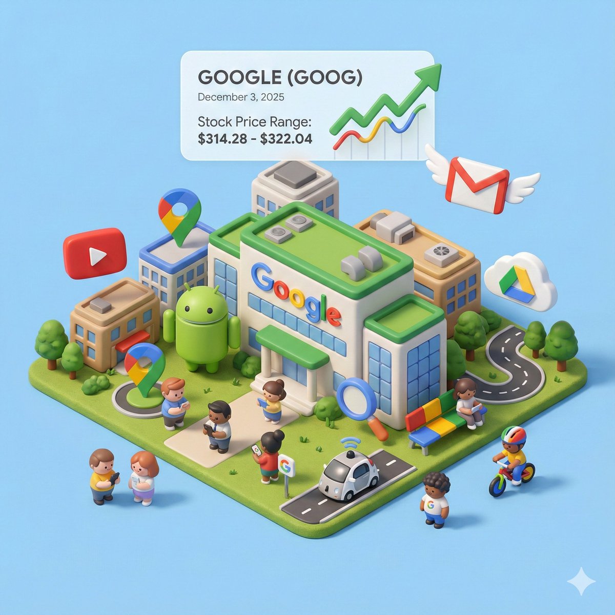 Google (GOOG) 股价与科技城 3D 渲染