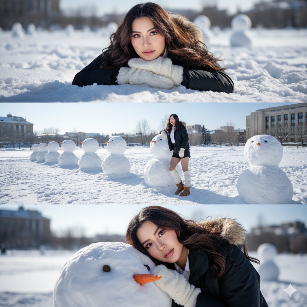 冬日肖像：女子与雪人在晴朗雪景中
