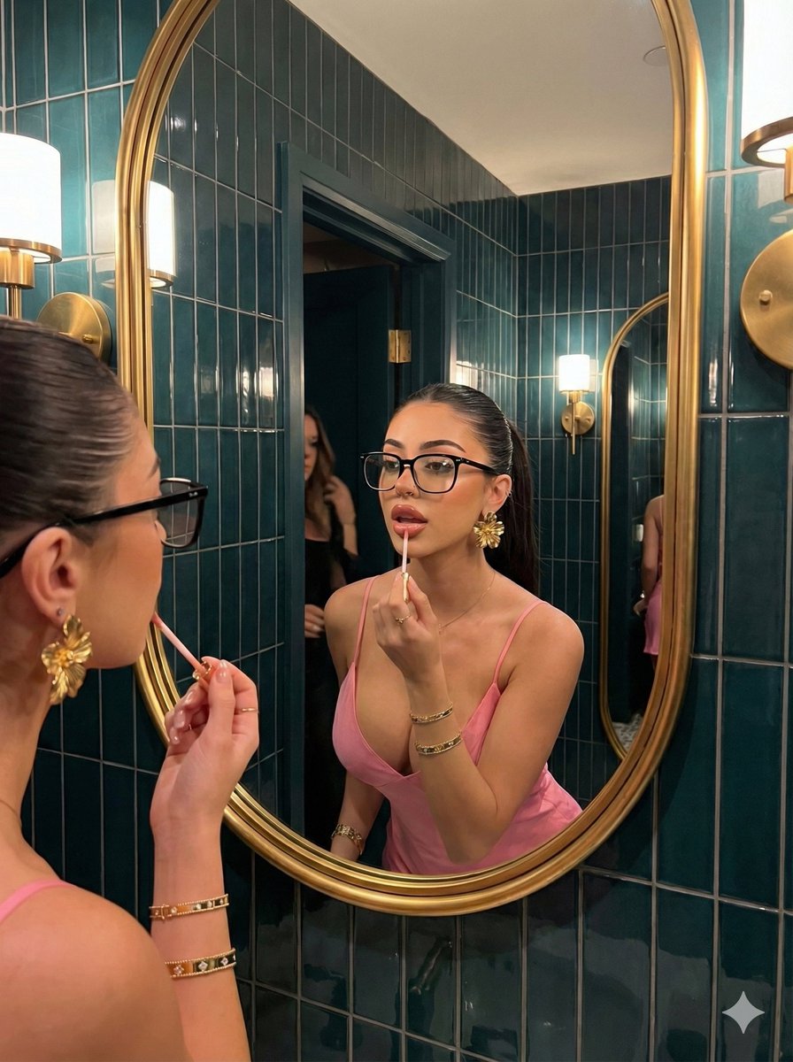 镜前化妆女性 | 时尚浴室肖像