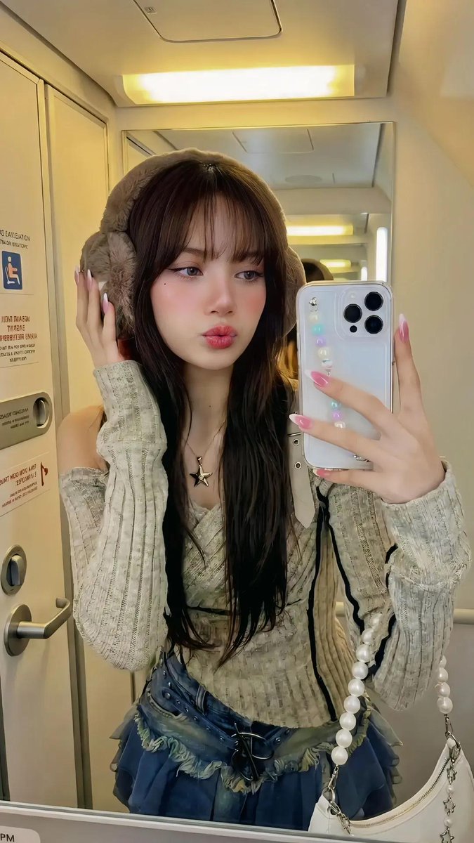 Gadis Muda Selfie dengan Pembalut Telinga di Dalam Kapal Terbang