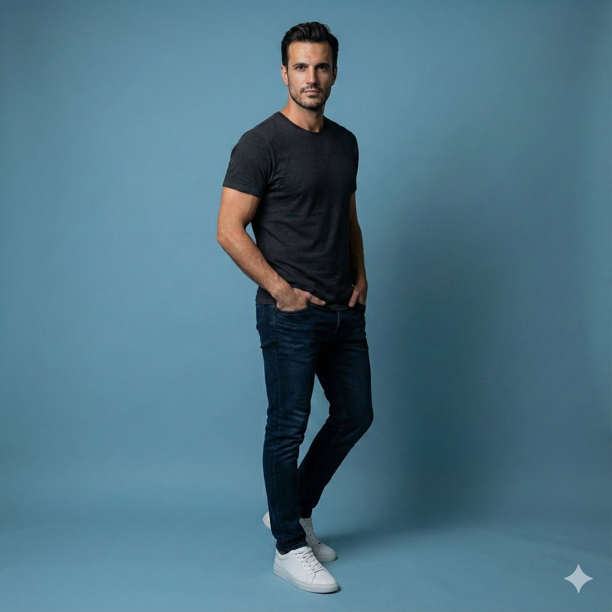 现代男士休闲穿搭：T恤、牛仔裤与小白鞋