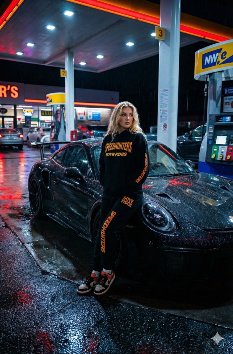 暗调都市时尚：夜色加油站旁的女子与保时捷
