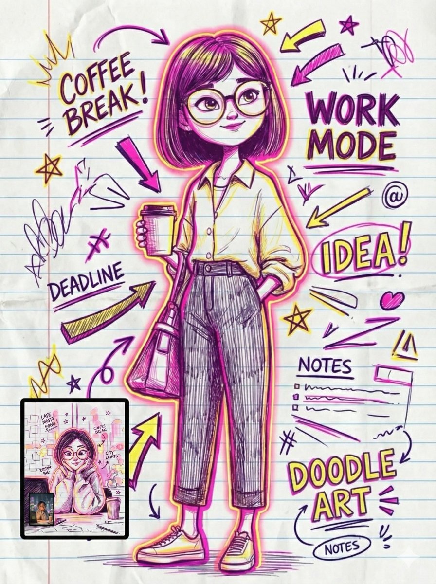 涂鸦艺术工作模式：咖啡小憩年轻女性插画