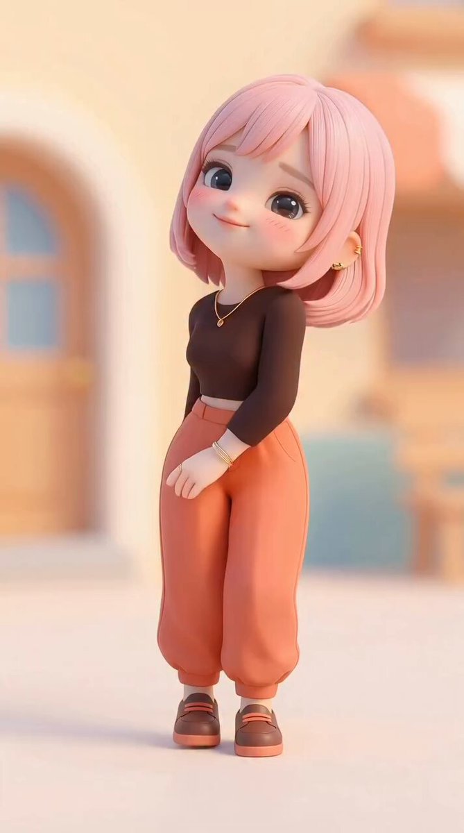 可爱3D角色：粉发现代装少女