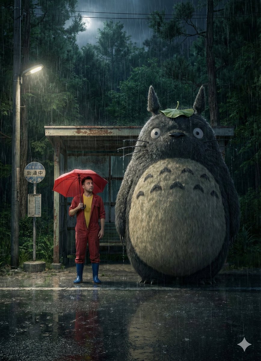 龙猫与男子雨夜公交站 - 龙猫艺术