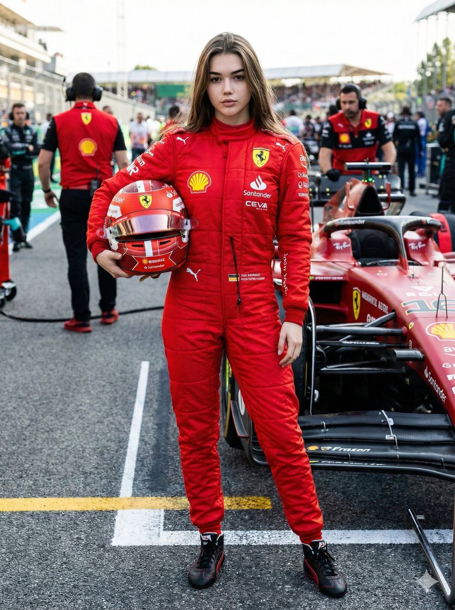 女性身穿法拉利 F1 赛车服佩戴头盔站在赛道上