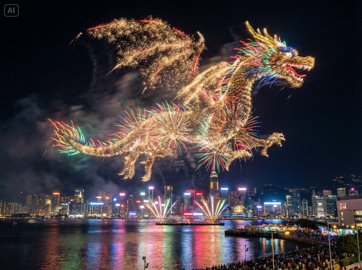 炫彩巨龙烟花点亮城市天际线