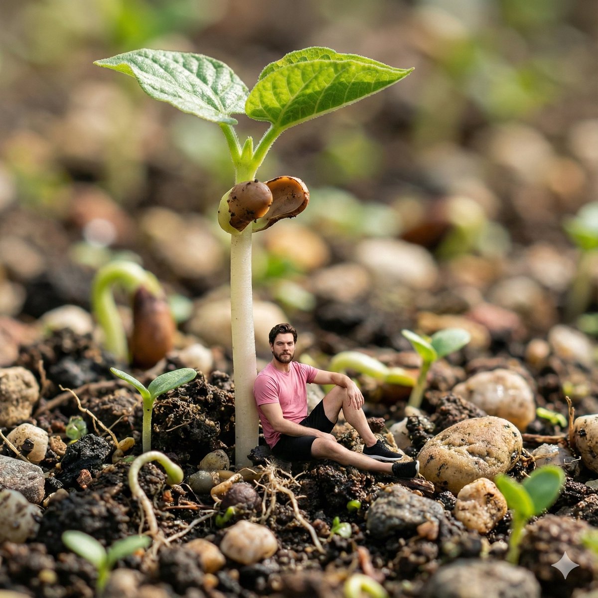 Lelaki Miniatur Berehat di Atas Anak Pokok - Fotorealistik