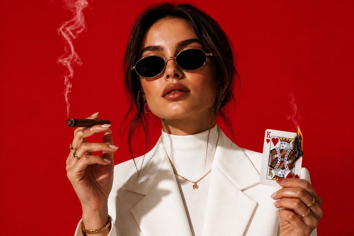 White Suit Red Backdrop Portrait
