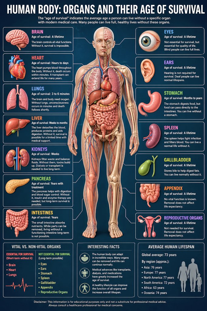 Create a detailed medical infographic of the human body showing major organs and how long