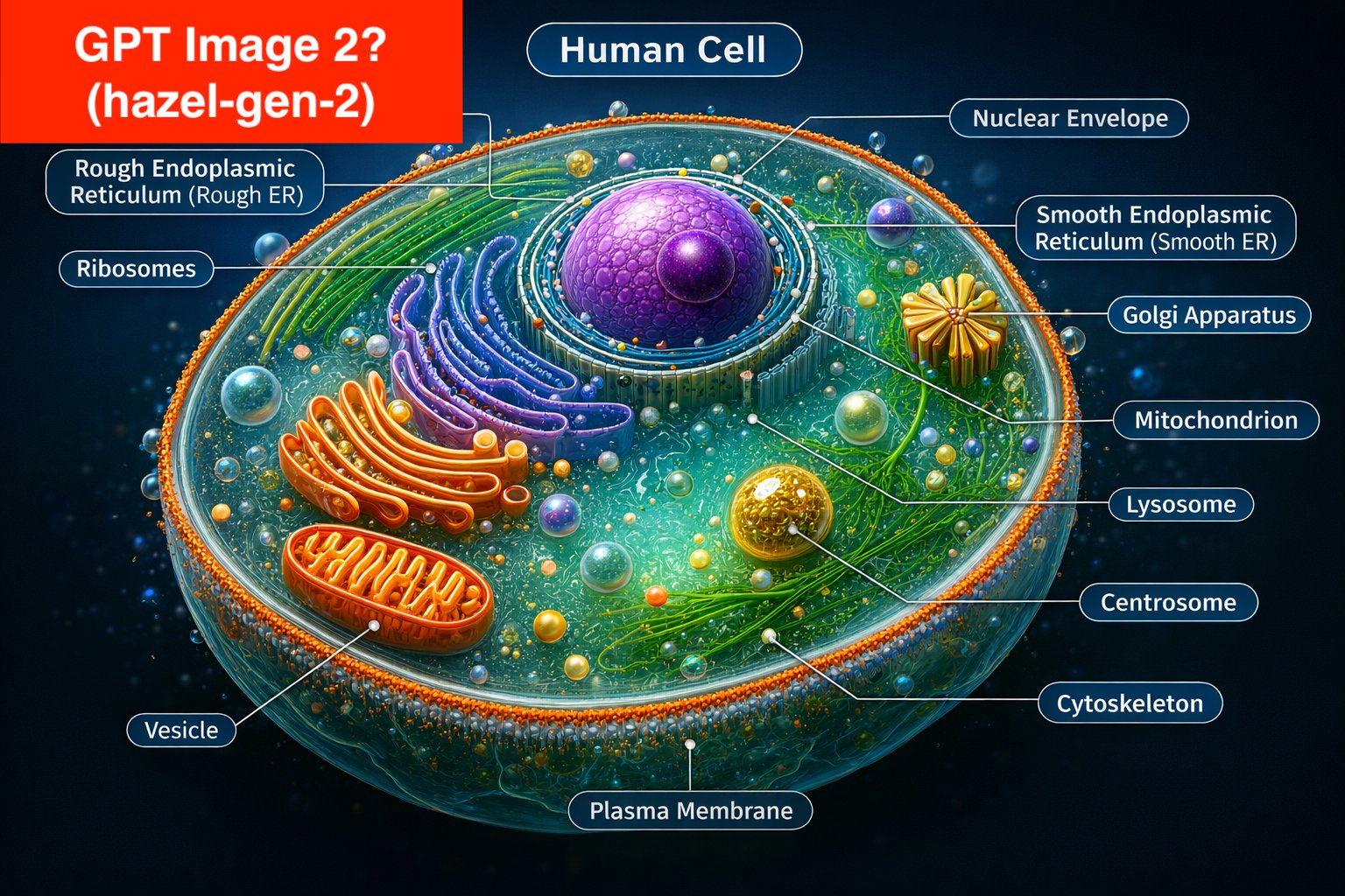 GPT Image 2 (assumed; hazel-gen-2) generating a labeled image of a human cell versus Nano Banana Pro