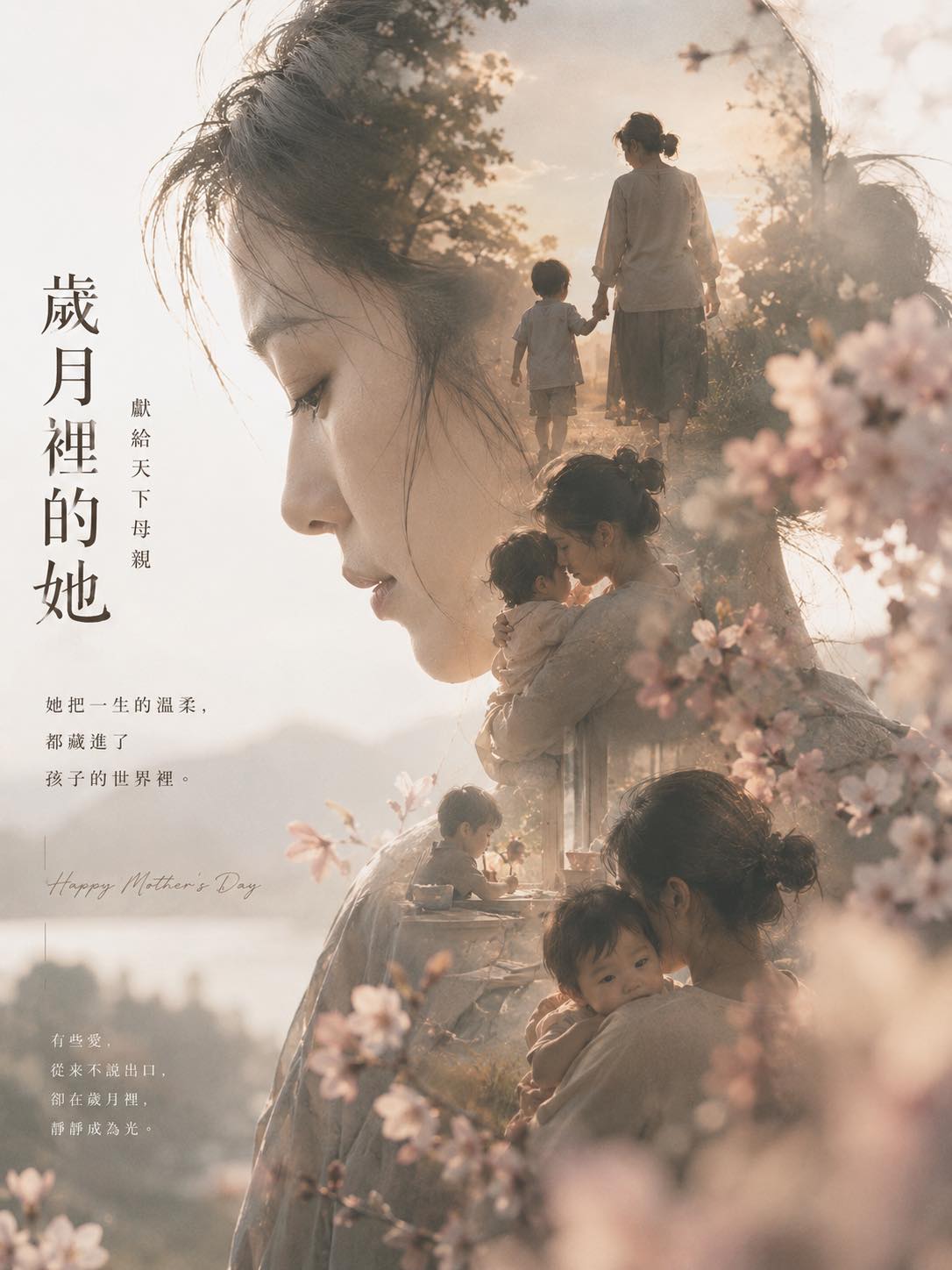 母親節祝福 - 粉白花朵背景