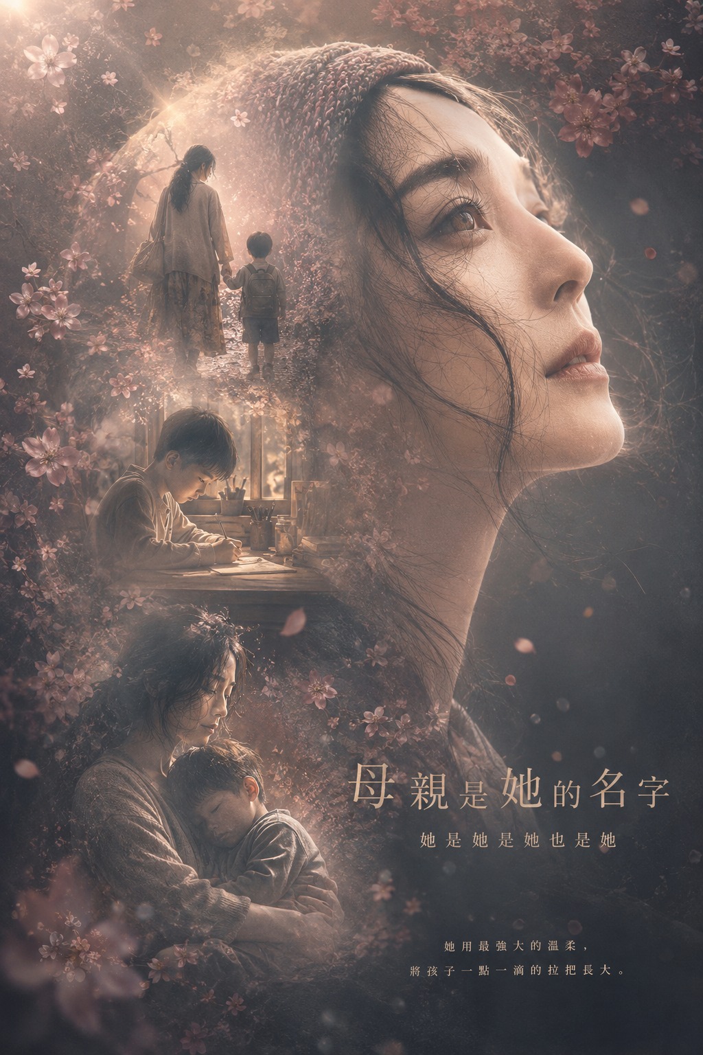 生成一張電影海報，以粉白小花作為整體背景氛圍