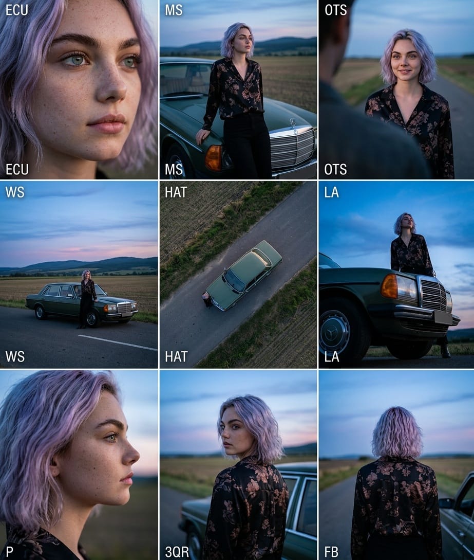 电影感3x3网格多角度镜头提示